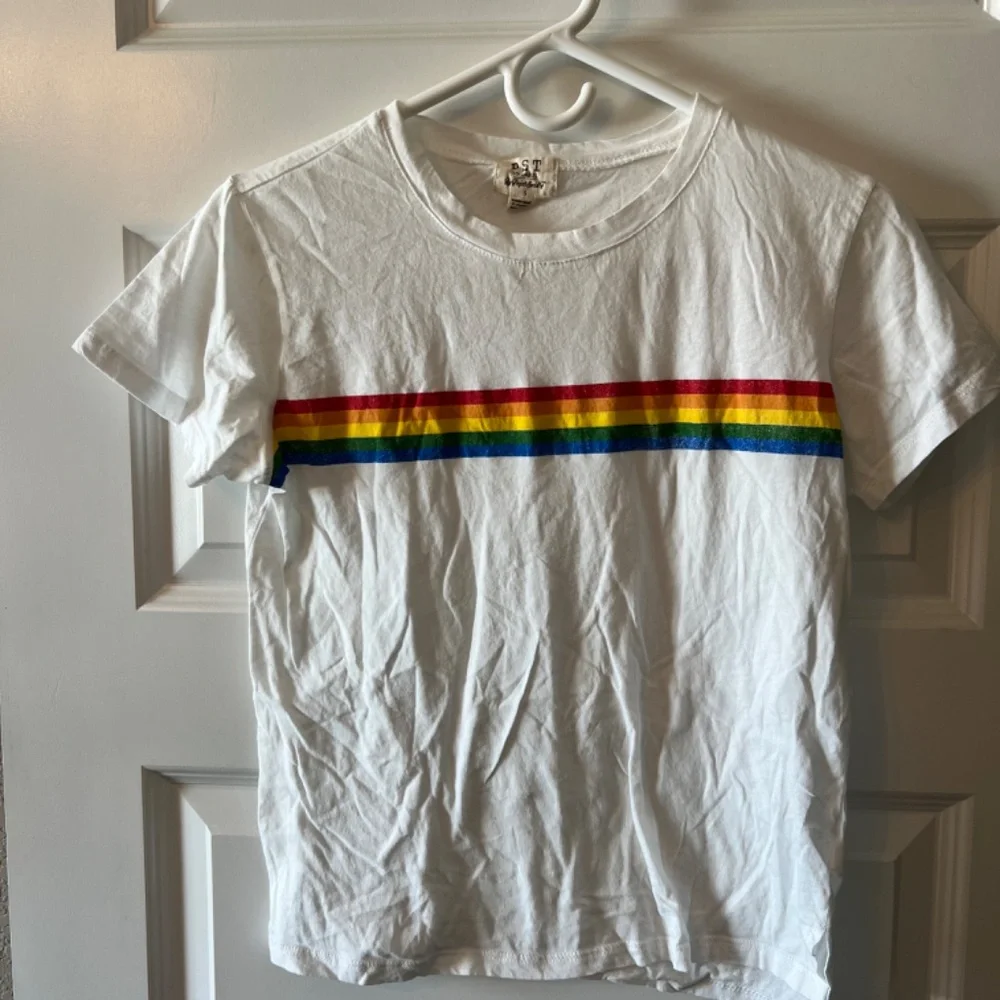 PST (by Project Social T) White T-shirt w Rainbow stripes Size Small - Picture 1 of 5